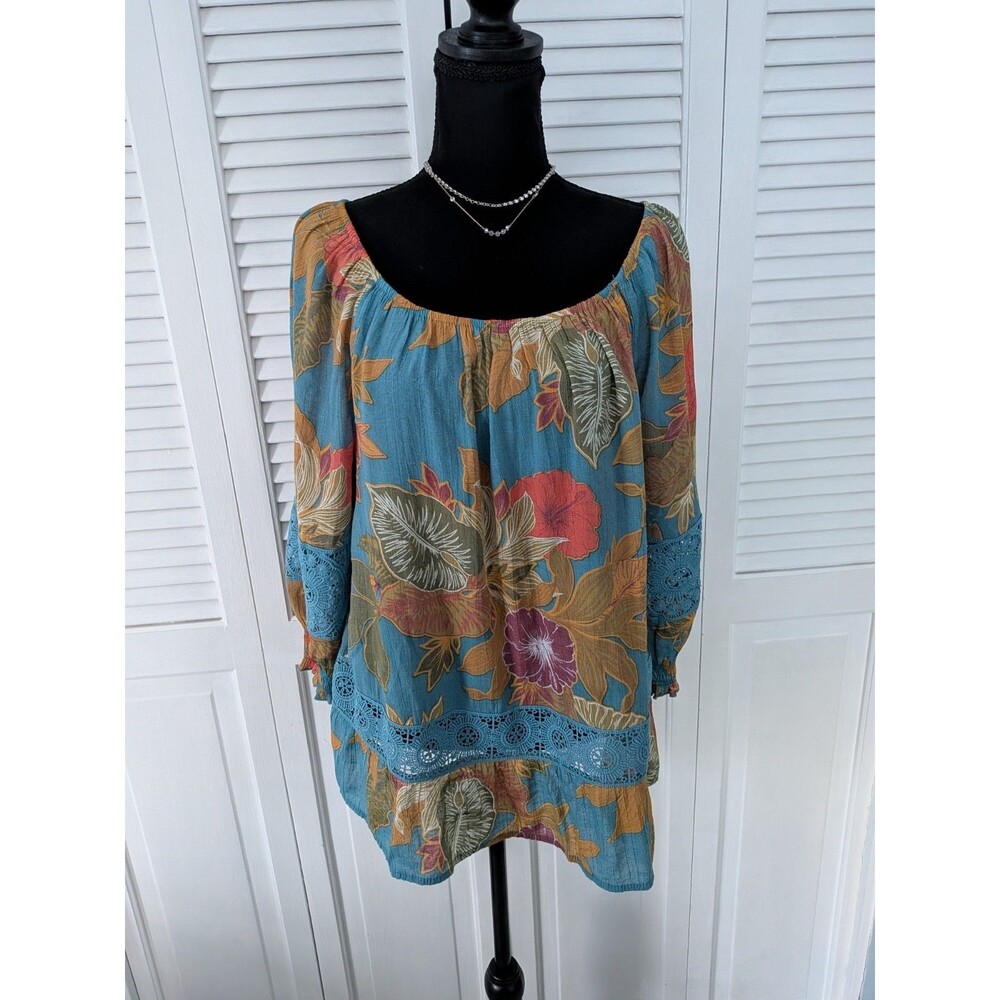 Unique Spectrum Floral Peasant Top Off Shoulder Crochet Blouse L Blue Boho Fairy